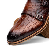 55-112-CGN LEGERRA Hand Burnished Crocodile Print Monkstrap Cognac - Zelli Italia - Flyclothing LLC