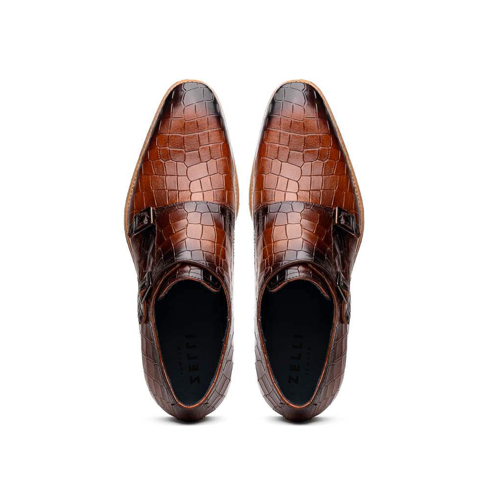 55-112-CGN LEGERRA Hand Burnished Crocodile Print Monkstrap Cognac - Zelli Italia - Flyclothing LLC