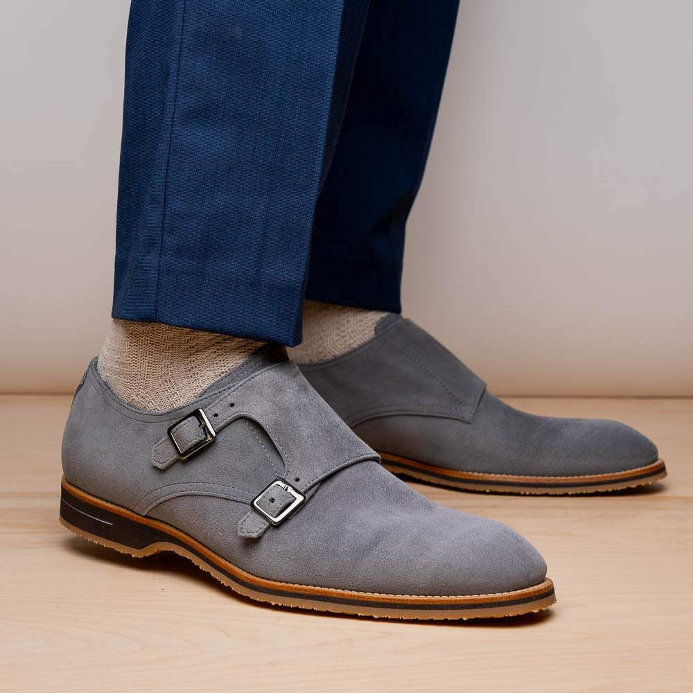 56-105-GRY LEGERRA Sueded Goatskin Monkstrap Grey - Zelli Italia - Flyclothing LLC