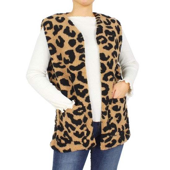 Leopard Pattern Animal Printed Sherpa Pocket Vest Shawl - Madeline Love - Flyclothing LLC