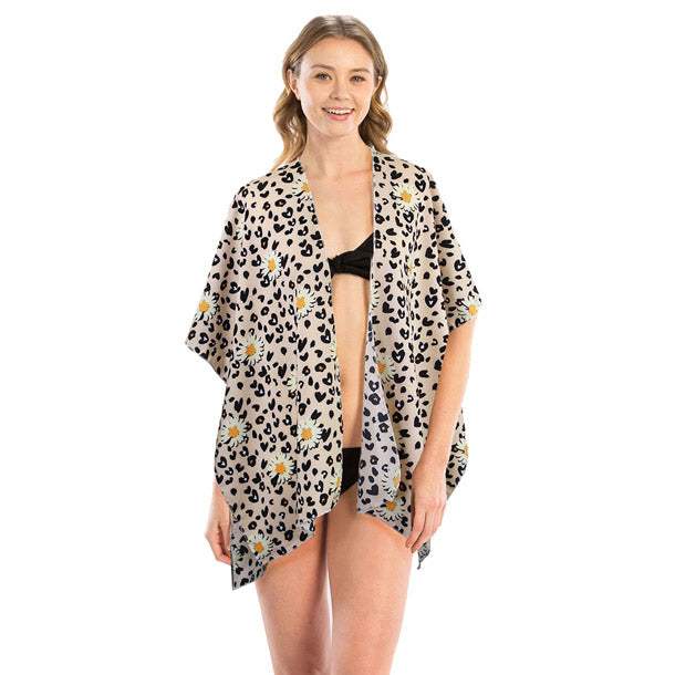 Leopard Pattern Daisy Flower Print Cover Up Kimono Poncho - Madeline Love - Flyclothing LLC
