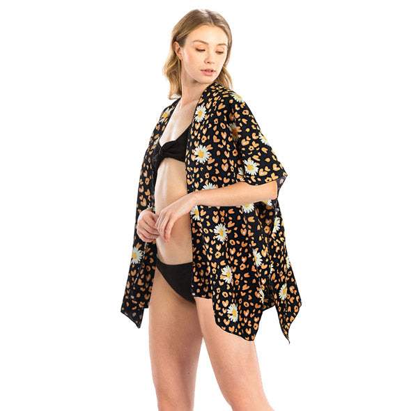 Leopard Pattern Daisy Flower Print Cover Up Kimono Poncho - Madeline Love - Flyclothing LLC