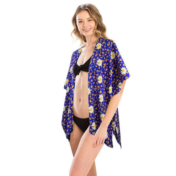 Leopard Pattern Daisy Flower Print Cover Up Kimono Poncho - Madeline Love - Flyclothing LLC