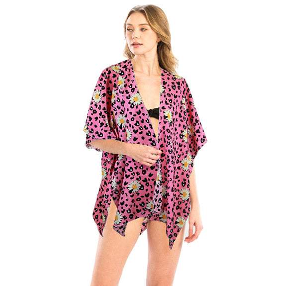 Leopard Pattern Daisy Flower Print Cover Up Kimono Poncho - Madeline Love - Flyclothing LLC