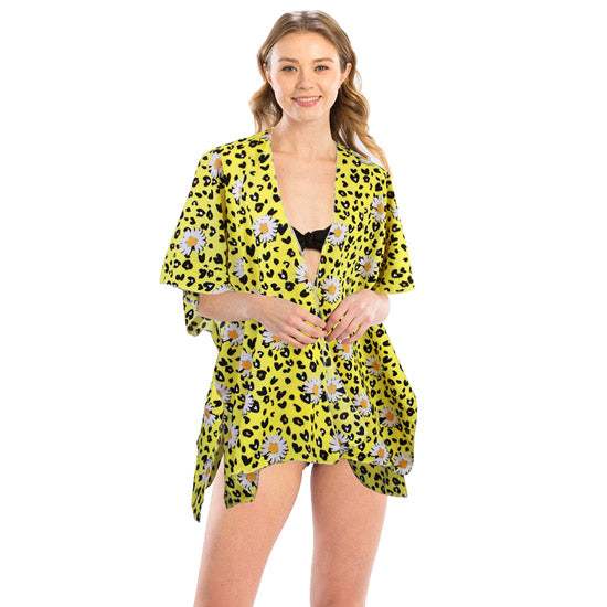 Leopard Pattern Daisy Flower Print Cover Up Kimono Poncho - Madeline Love - Flyclothing LLC