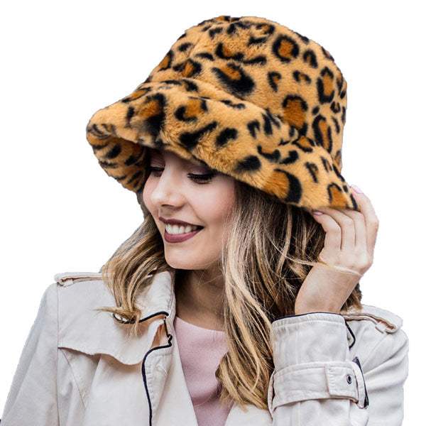 Leopard Patterned Faux Fur Bucket Hat - Madeline Love - Flyclothing LLC