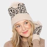 Leopard Patterned Faux Fur Pom Pom Ribbed Beanie Hat - Madeline Love - Flyclothing LLC