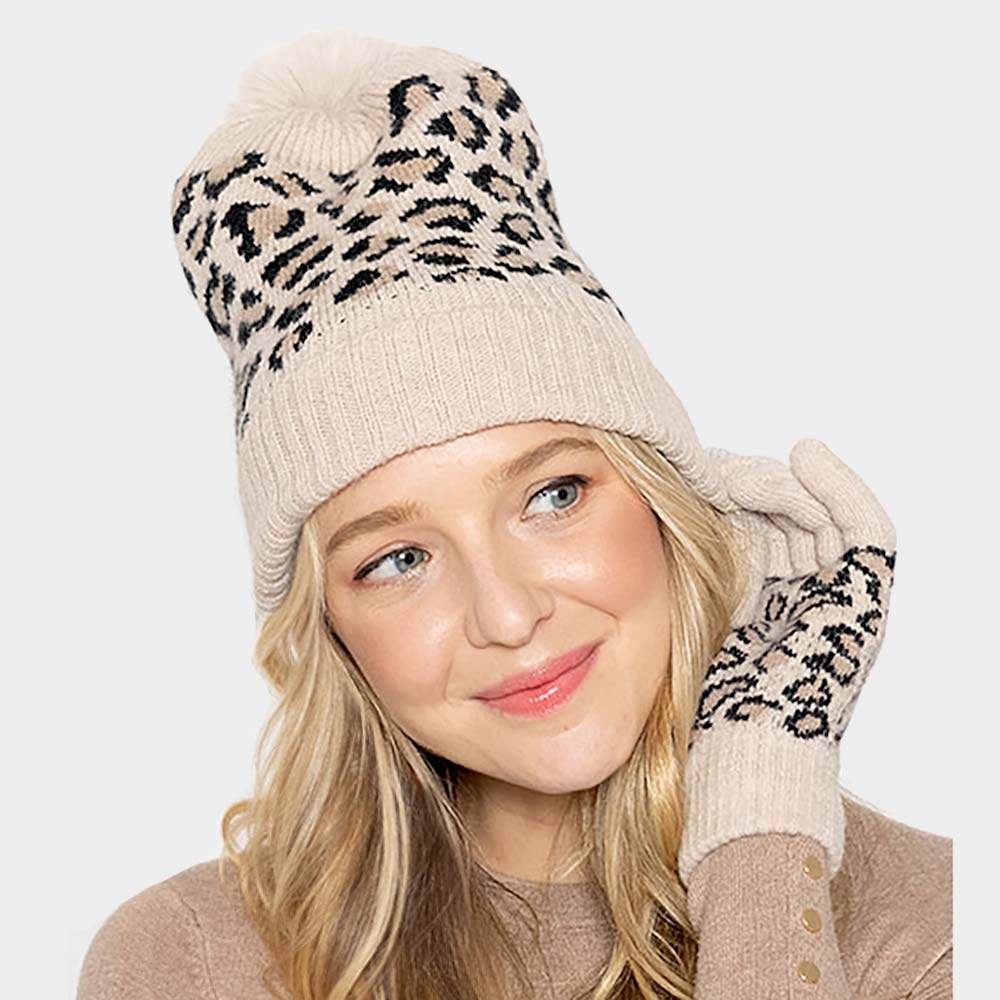 Leopard Patterned Faux Fur Pom Pom Ribbed Beanie Hat - Madeline Love - Flyclothing LLC