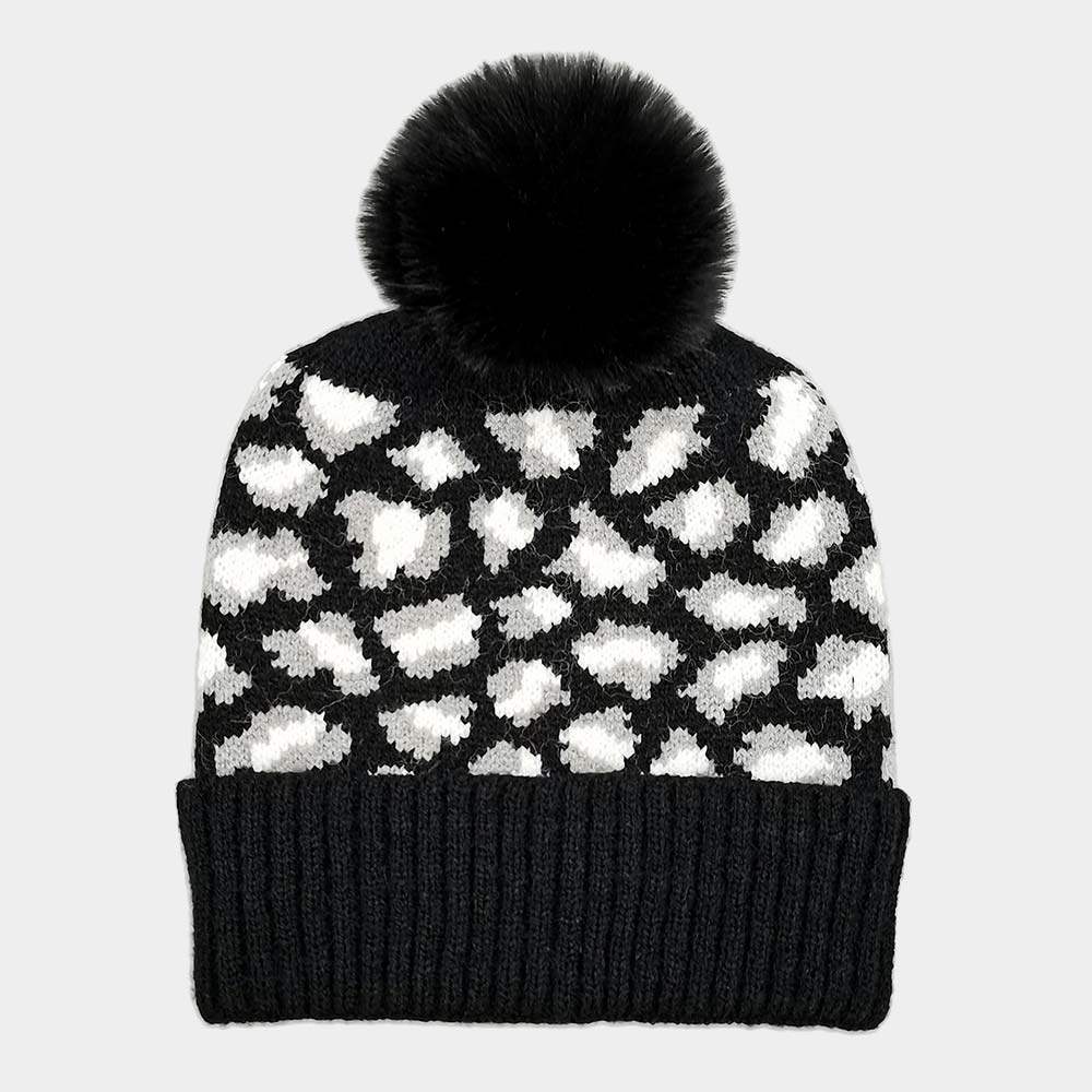 Leopard Patterned Faux Fur Pom Pom Ribbed Beanie Hat - Madeline Love - Flyclothing LLC