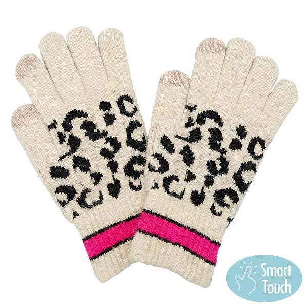 Leopard Patterned Striped Cuff Knit Smart Gloves - Madeline Love - Flyclothing LLC