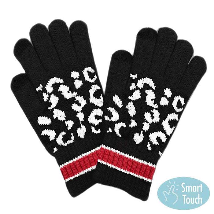 Leopard Patterned Striped Cuff Knit Smart Gloves - Madeline Love - Flyclothing LLC