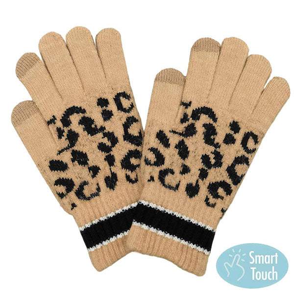 Leopard Patterned Striped Cuff Knit Smart Gloves - Madeline Love - Flyclothing LLC