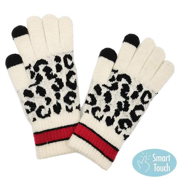 Leopard Patterned Striped Cuff Knit Smart Gloves - Madeline Love - Flyclothing LLC