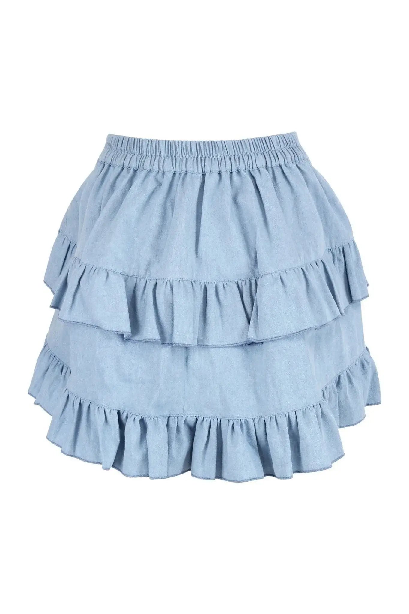 Light Blue Denim Ruched Bustle Skirt - Daisy Corsets - Flyclothing LLC