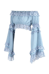Daisy Corsets Light Blue Denim Smocked Flare Sleeve Peasant Top