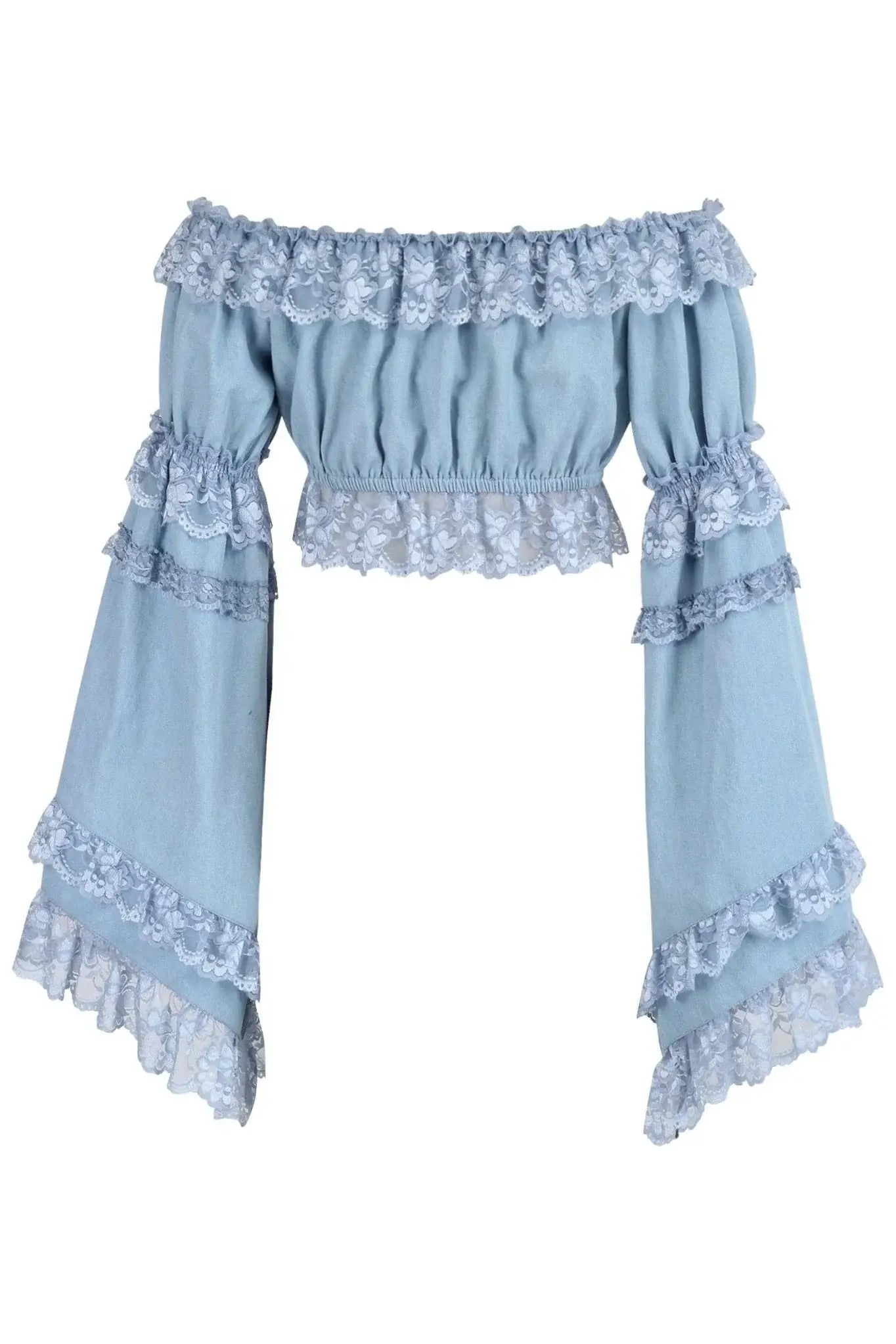 Daisy Corsets Light Blue Denim Smocked Flare Sleeve Peasant Top - Daisy Corsets - Flyclothing LLC