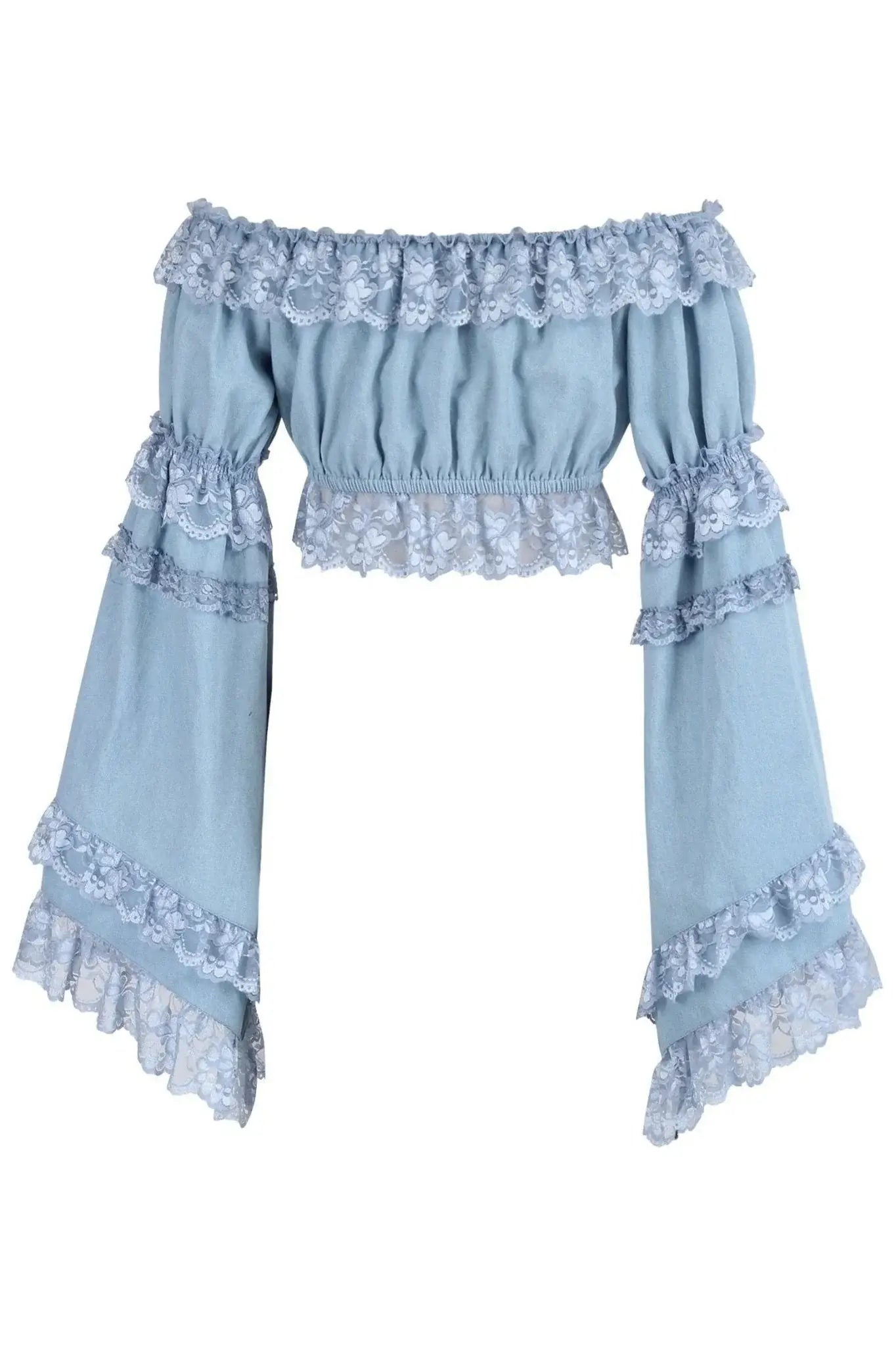 Light Blue Denim Smocked Flare Sleeve Peasant Top - Daisy Corsets - Flyclothing LLC