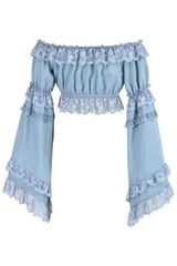 Light Blue Denim Smocked Flare Sleeve Peasant Top - Daisy Corsets - Flyclothing LLC