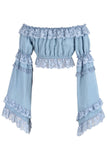 Daisy Corsets Light Blue Denim Smocked Flare Sleeve Peasant Top