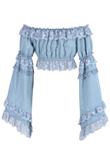 Daisy Corsets Light Blue Denim Smocked Flare Sleeve Peasant Top