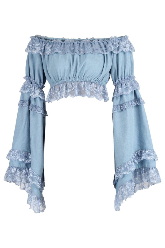 Daisy Corsets Light Blue Denim Smocked Flare Sleeve Peasant Top