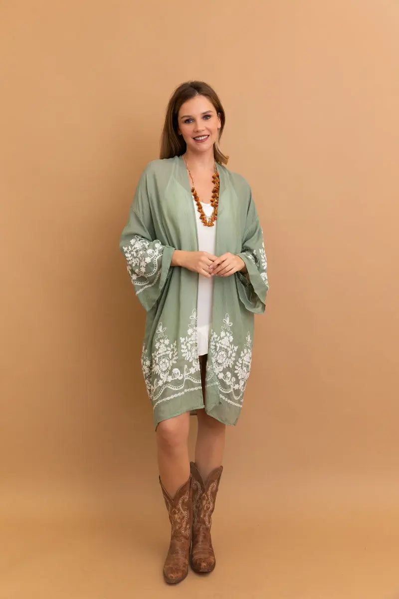Embroidered Floral Vine Kimono – Elegant and Lightweight - Boho Clothing and Accessories - Flyclothing LLC