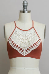 Crochet Lace High Neck Bralette – Halter Style with Cross-Back