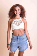 Crochet Lace High Neck Bralette – Halter Style with Cross-Back