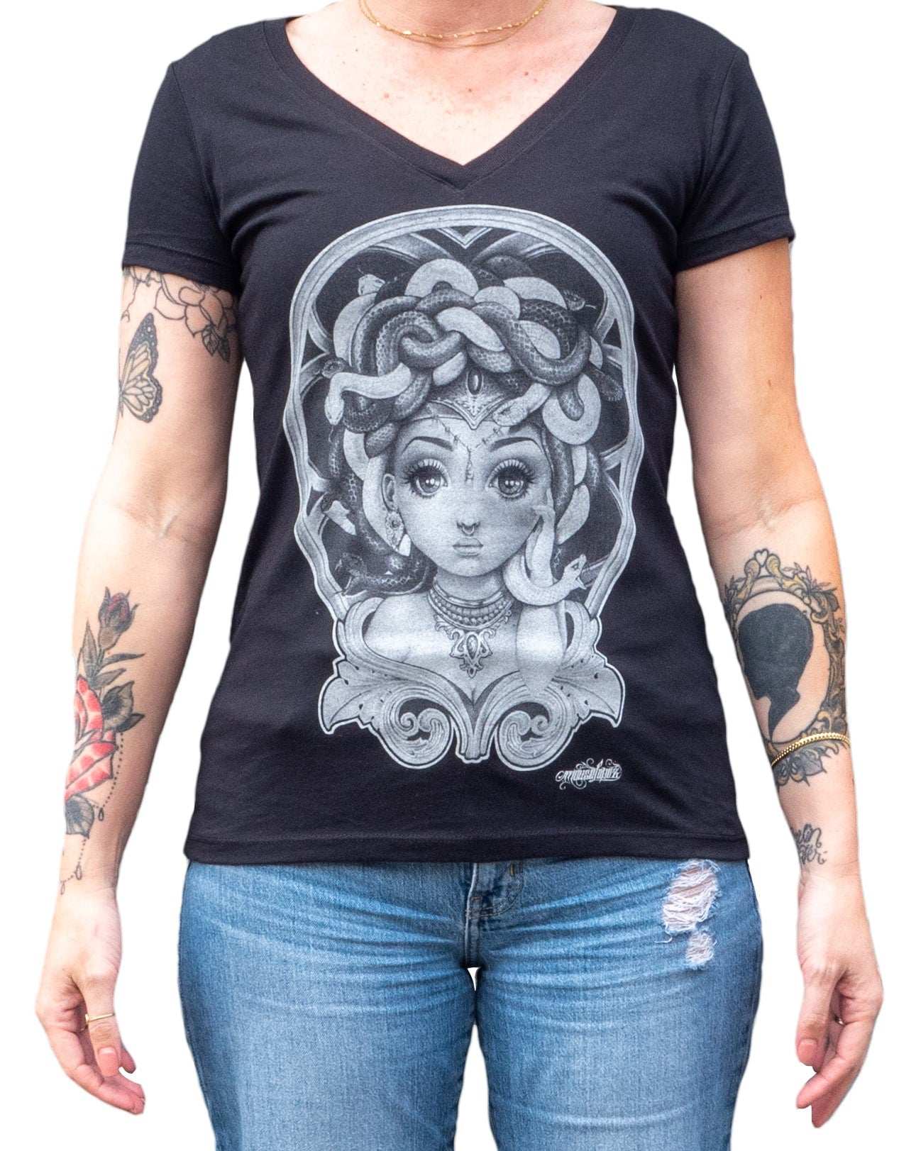 Black Market Art Company Lil Medusa Women's V-Neck T-Shirt - Black Market Art Company - Flyclothing LLC