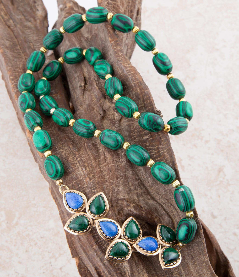 Linked Blue Lapis and Green Malachite Golden Necklace - Barse Jewelry - Flyclothing LLC