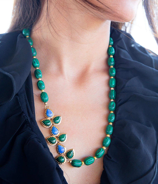 Linked Blue Lapis and Green Malachite Golden Necklace - Barse Jewelry - Flyclothing LLC
