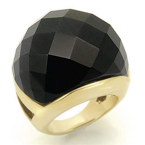 LO1041 - Gold Brass Ring with Synthetic Cat Eye in Jet - Alamode - Flyclothing LLC