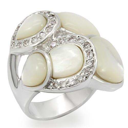 LO1044 - Rhodium Brass Ring with Precious Stone Conch in White - Alamode - Flyclothing LLC