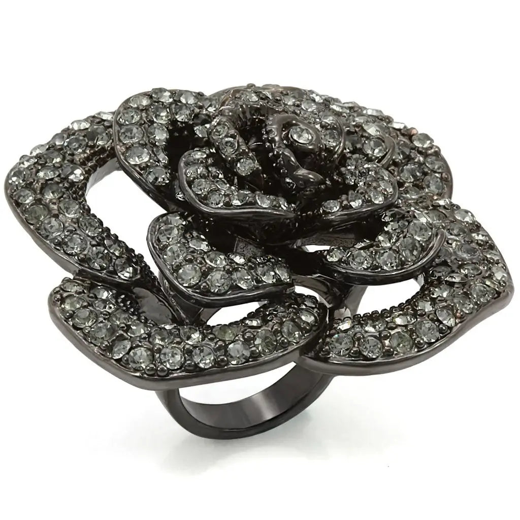 LO1266 - Ruthenium Brass Ring with Top Grade Crystal in Black Diamond - Alamode - Flyclothing LLC