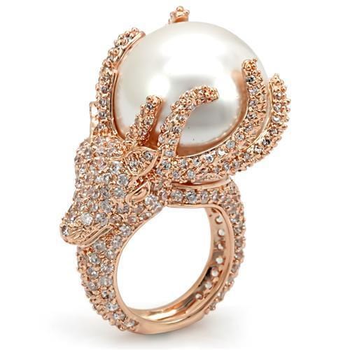 LO1533 - Rose Gold Brass Ring with Synthetic Pearl in White - Alamode