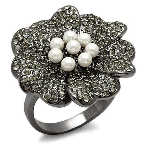 LO1619 - TIN Cobalt Black Brass Ring with Synthetic Pearl in White - Alamode - Flyclothing LLC