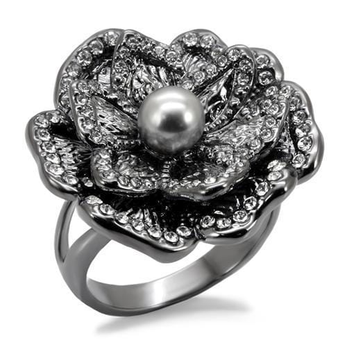 LO1681 - TIN Cobalt Black Brass Ring with Synthetic Pearl in Light Gray - Alamode