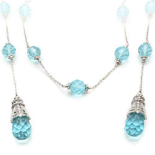 LO1714 - Rhodium White Metal Necklace with Synthetic Glass Bead in Sea Blue - Alamode - Flyclothing LLC