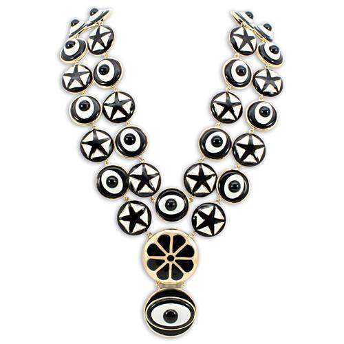 LO1861 - Gold Brass Necklace with Synthetic Synthetic Stone in Jet - Alamode - Flyclothing LLC