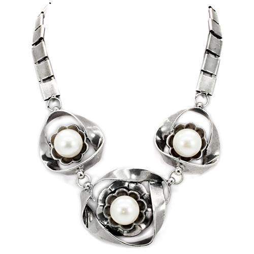 LO1867 - Antique Silver White Metal Necklace with Synthetic Pearl in White - Alamode - Flyclothing LLC