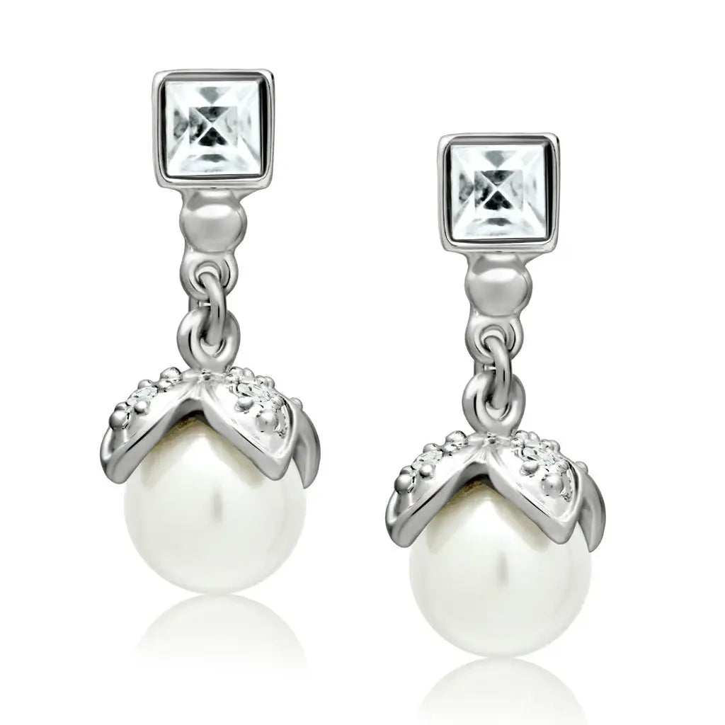 LO1973 - Rhodium White Metal Earrings with Synthetic Pearl in White - Alamode - Flyclothing LLC