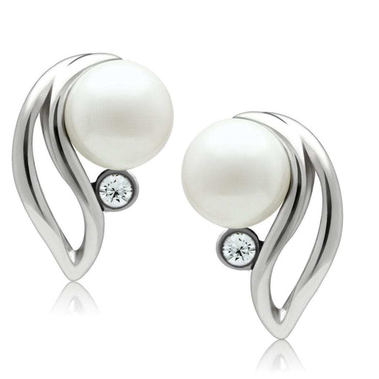 LO1977 - Rhodium White Metal Earrings with Synthetic Pearl in White - Alamode - Flyclothing LLC