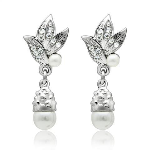 LO1992 - Rhodium White Metal Earrings with Synthetic Pearl in White - Alamode