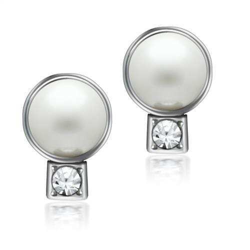 LO1997 - Rhodium White Metal Earrings with Synthetic Pearl in White - Alamode - Flyclothing LLC