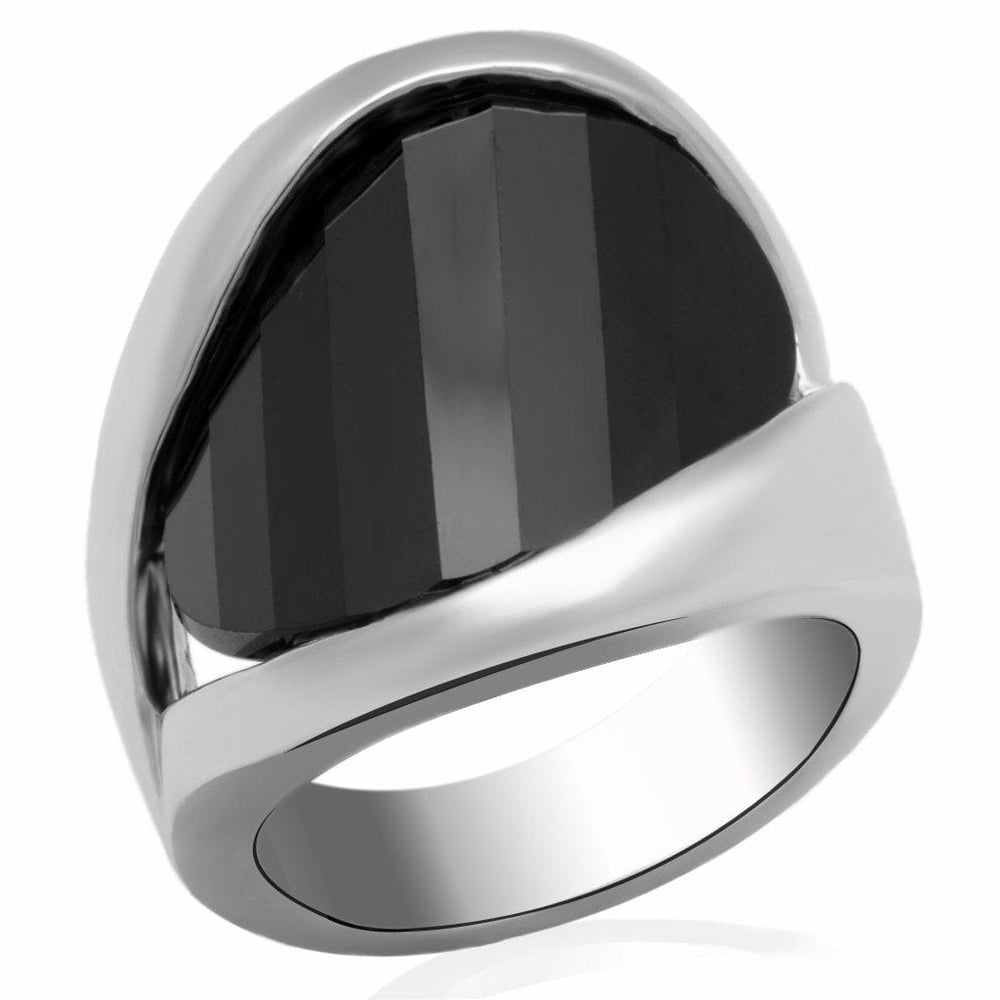 LO2063 - Rhodium Brass Ring with AAA Grade CZ  in Jet - Alamode