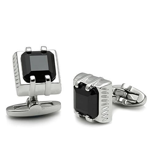 LO2305 - Rhodium Brass Cufflink with AAA Grade CZ  in Jet - Alamode