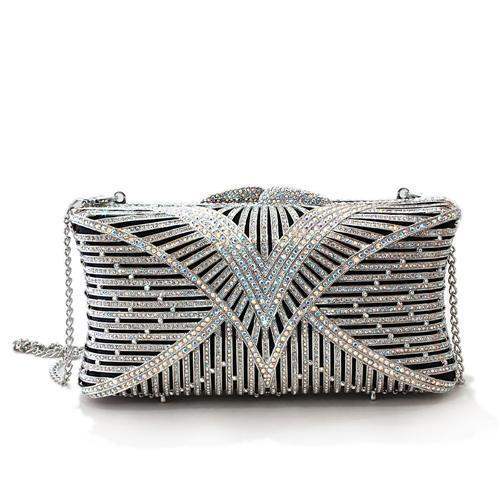 LO2362 - Imitation Rhodium White Metal Clutch with Top Grade Crystal in White - Alamode - Flyclothing LLC