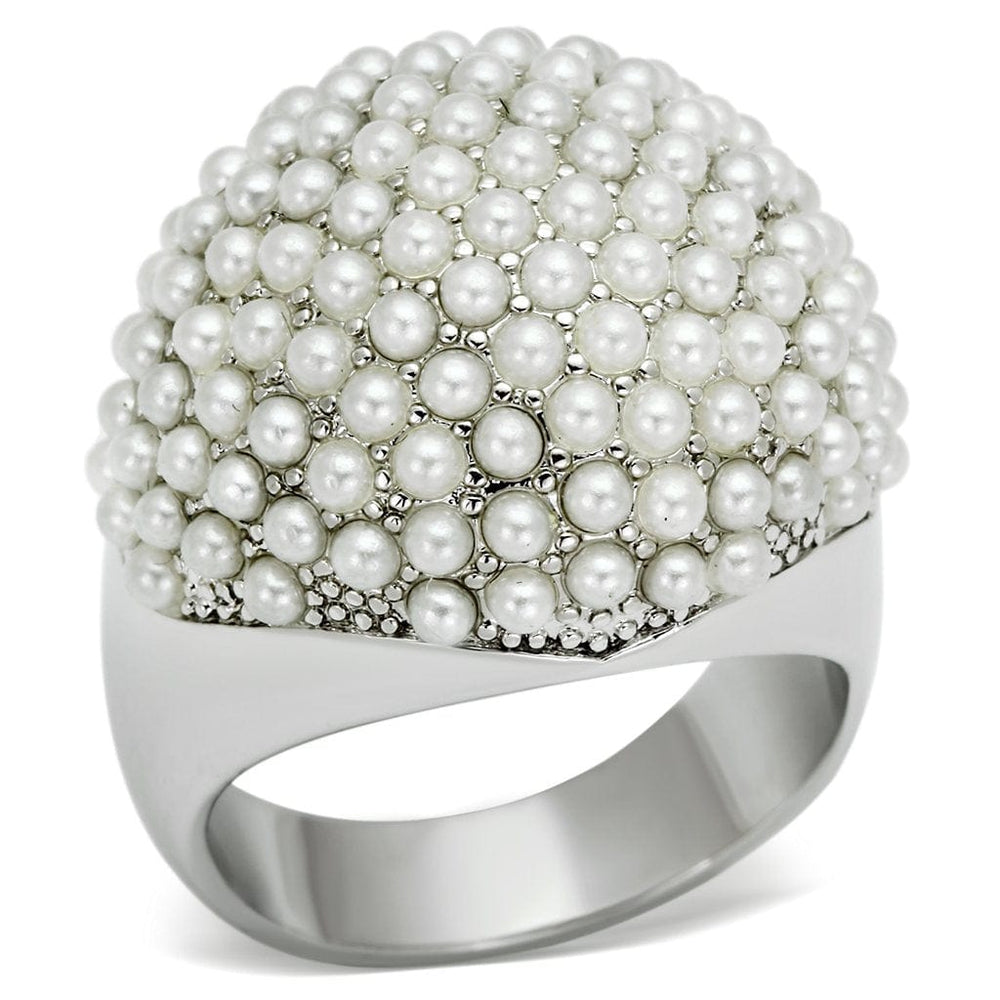 LO2433 - Rhodium Brass Ring with Synthetic Pearl in White - Alamode