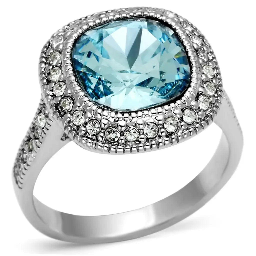 LO2506 - Rhodium Brass Ring with Top Grade Crystal in Sea Blue - Alamode - Flyclothing LLC