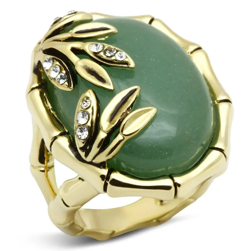 LO2609 - Gold Brass Ring with Semi-Precious Jade in Emerald - Alamode - Flyclothing LLC
